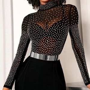 Sheer Black Embellished Bodysuit